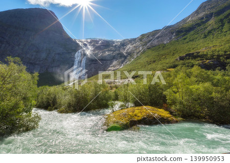 glacial river, waterfall in Briksdalen, Norway glacial river, waterfall in Briksdalen, Norway 139950953