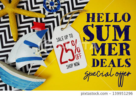 Hello Summer Sale 25% with Price tag and summer decorations on yellow background Hello Summer Sale 25% with Price tag and summer decorations on yellow background 139951296