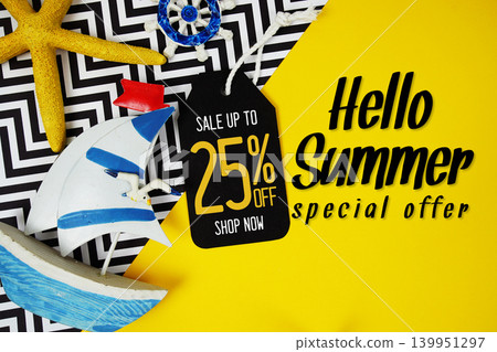 Hello Summer Sale 25% with Price tag and summer decorations on yellow background 139951297