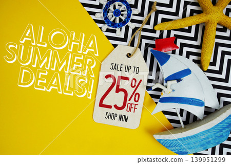 Hello Summer Sale 25% with Price tag and summer decorations on yellow background Hello Summer Sale 25% with Price tag and summer decorations on yellow background 139951299