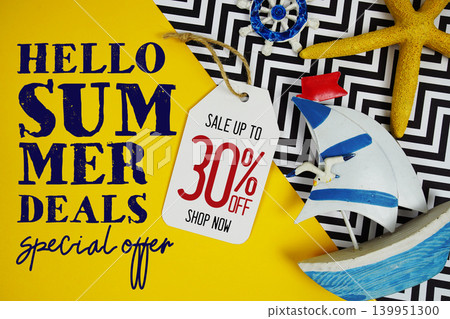 Hello Summer Sale 30% with Price tag and summer decorations on yellow background Hello Summer Sale 30% with Price tag and summer decorations on yellow background 139951300