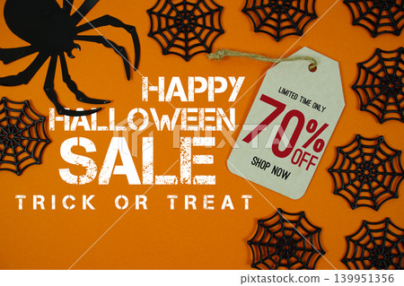 Happy Halloween Sale 70% Off with Price Tag and Halloween elements decorated on orange background Happy Halloween Sale 70% Off with Price Tag and Halloween elements decorated on orange background 139951356