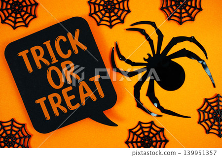 speech bubble with "Trick or Treat" featuring a large black spider, spiderwebs, and a bright orange background for Halloween celebrations, party invitations, or seasonal promotions. speech bubble with "Trick or Treat" featuring a large black spider, spiderwebs, and a bright orange background for Halloween celebrations, party invitations, or seasonal promotions. 139951357