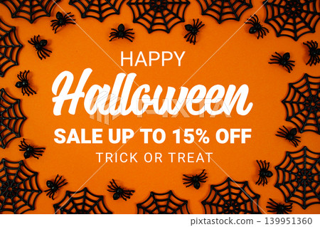 Happy Halloween Sale 15% Off with Price Tag and Halloween elements decorated on orange background 139951360