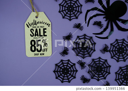 Happy Halloween Sale 85% Off with Price Tag and Halloween elements decorated on purple background Happy Halloween Sale 85% Off with Price Tag and Halloween elements decorated on purple background 139951366