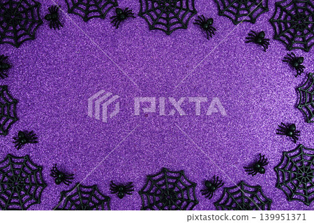 Halloween background with small black spider, spiderwebs, and purple background for Halloween celebrations, party invitations, or seasonal promotions 139951371