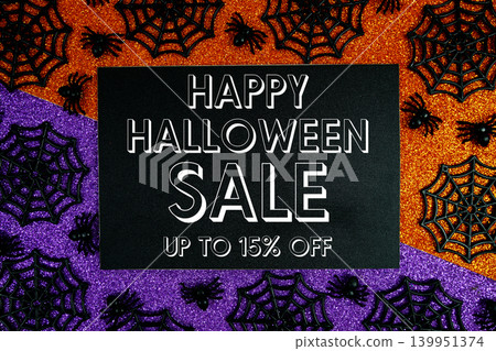 Happy Halloween Sale 15% Off with Price Tag and Halloween elements decorated on purple and orange background 139951374