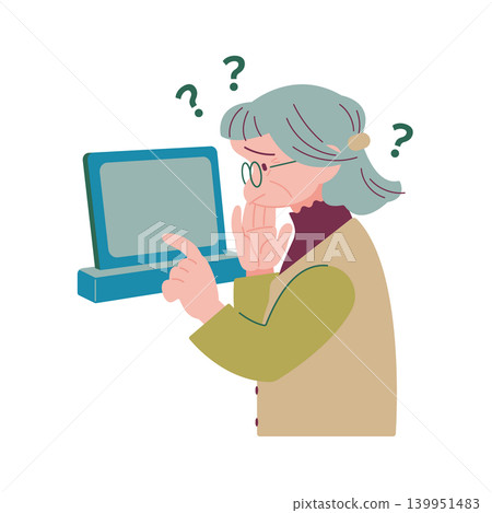 一位老婦人因為不知道如何使用觸控面板而遇到了困難。 一位老婦人因為不知道如何使用觸控面板而遇到了困難。 139951483