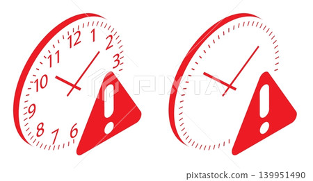 Isometric clock with a warning exclamation mark of lack of time. Isolated cartoon vector on white back top view Isometric clock with a warning exclamation mark of lack of time. Isolated cartoon vector on white back top view 139951490