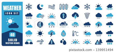 Modern Weather Solid Icon Set Featuring Sun, Cloud, Rain, Snow, Storm, Wind, Temperature, Humidity, Tornado, Flood, And Climate Symbols Perfect For Forecast Apps, UI Design, And Infographics. Vector I 139951494