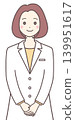 A woman in a white coat with her hands clasped in front of her body. 139951617