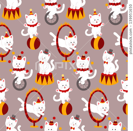 Vector seamless pattern with cute circus cats in a childish flat style. Texture with pets, performing acrobats, and wizards Vector seamless pattern with cute circus cats in a childish flat style. Texture with pets, performing acrobats, and wizards 139951650