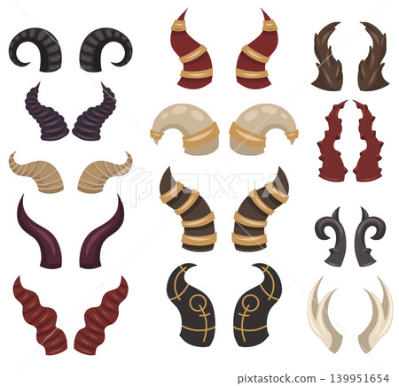 Vector set of various devil horns. Collection of magical fantasy horns for game icons and stickers. Vector set of various devil horns. Collection of magical fantasy horns for game icons and stickers. 139951654