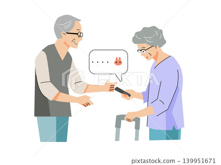 "Gentle Welfare and Care Vector Series": An elderly woman looking at her smartphone and a man talking to her. "Gentle Welfare and Care Vector Series": An elderly woman looking at her smartphone and a man talking to her. 139951671