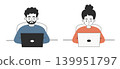 Man and Woman Working at Computer. Professional Male and Female Freelancers or Office Employees Using Laptops. Isolated Flat Vector Illustration. Minimalistic Drawing. Modern Workspace and Teamwork. 139951797