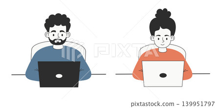 Man and Woman Working at Computer. Professional Male and Female Freelancers or Office Employees Using Laptops. Isolated Flat Vector Illustration. Minimalistic Drawing. Modern Workspace and Teamwork. Man and Woman Working at Computer. Professional Male and Female Freelancers or Office Employees Using Laptops. Isolated Flat Vector Illustration. Minimalistic Drawing. Modern Workspace and Teamwork. 139951797