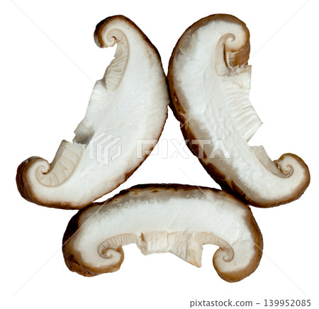 Three fresh shiitake mushroom slices arranged in a circular pattern isolated. Top-down view showing the unique internal texture and curled edges of the brown fungi. Three fresh shiitake mushroom slices arranged in a circular pattern isolated. Top-down view showing the unique internal texture and curled edges of the brown fungi. 139952085