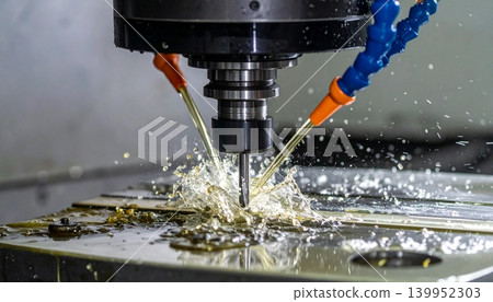 The CNC milling machine works. Coolant and lubrication in the metalwork The CNC milling machine works. Coolant and lubrication in the metalwork 139952303