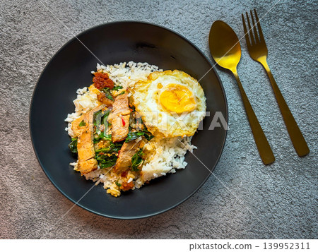 Rice topped with crispy pork belly with Thai basil and fried egg Rice topped with crispy pork belly with Thai basil and fried egg 139952311