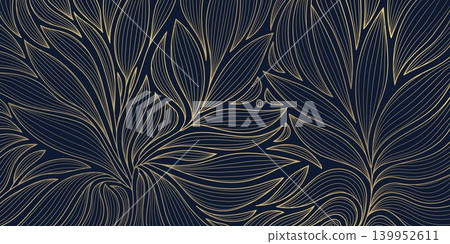 Luxury vector abstract floral pattern, elegant art deco style with golden line leaves, ornament on dark blue background. Japanese, oriental design, wallpaper, packaging, posters, spa branding, print Luxury vector abstract floral pattern, elegant art deco style with golden line leaves, ornament on dark blue background. Japanese, oriental design, wallpaper, packaging, posters, spa branding, print 139952611