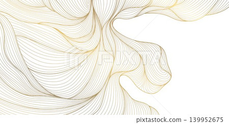 Luxury abstract gold wave pattern with elegant flowing lines background. Premium vector design, soft silk texture, geometric curves, Japanese ornament, business banner, card, wallpaper. Luxury abstract gold wave pattern with elegant flowing lines background. Premium vector design, soft silk texture, geometric curves, Japanese ornament, business banner, card, wallpaper. 139952675