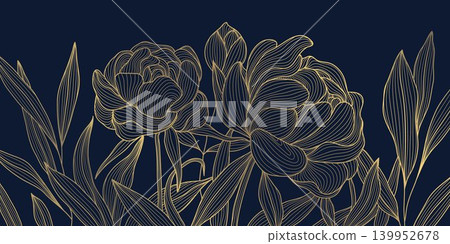 Luxury vector peony floral pattern with gold line flowers and elegant leaves on a dark background. Chinese illustration, vintage art deco style, wedding invitation, premium card, wallpaper. Luxury vector peony floral pattern with gold line flowers and elegant leaves on a dark background. Chinese illustration, vintage art deco style, wedding invitation, premium card, wallpaper. 139952678