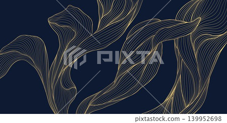 Luxury vector line art deco pattern, gold floral elegant leaves and botanical elements background. Japanese and Chinese ornament, Nouveau style, premium design for wallpapers, wedding, spa 139952698
