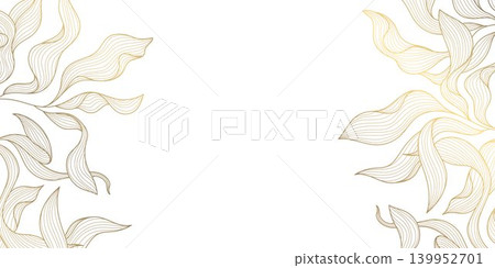 Luxury gold botanical pattern with elegant line leaves and floral elements background. Vector illustration tropical foliage, garden motif, modern deco style, wallpaper, wedding card Luxury gold botanical pattern with elegant line leaves and floral elements background. Vector illustration tropical foliage, garden motif, modern deco style, wallpaper, wedding card 139952701