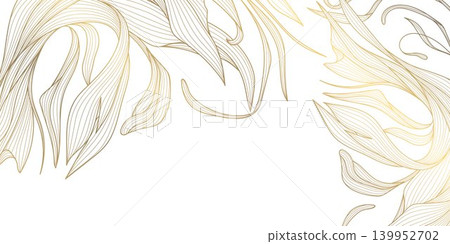 Luxury gold botanical pattern with elegant line leaves and floral elements background. Vector illustration tropical foliage, garden motif, modern deco style, wallpaper, wedding card. 139952702
