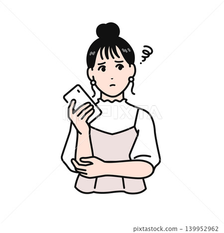 一幅簡單的向量插圖,描繪了一位頭髮紮起來的年輕女子,她神情憂慮地拿著智慧型手機。 一幅簡單的向量插圖,描繪了一位頭髮紮起來的年輕女子,她神情憂慮地拿著智慧型手機。 139952962