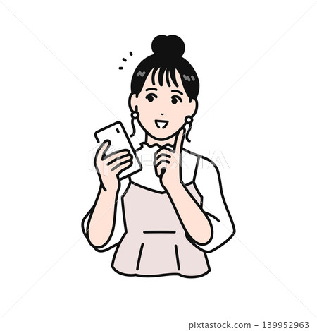 一幅簡單的向量插圖,描繪了一位頭髮紮起來的年輕女子,面帶微笑,手持智慧型手機。 一幅簡單的向量插圖,描繪了一位頭髮紮起來的年輕女子,面帶微笑,手持智慧型手機。 139952963