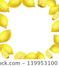 Hand drawn illustration frame with yellow lemons. Yellow lemons on a white background for graphic design. Colored pencil illustration frame on white background 139953100