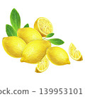 Hand drawn illustration with yellow lemons, a half of a lemon, lemon slices and green leaves. Yellow lemon on a white background for graphic design.  139953101