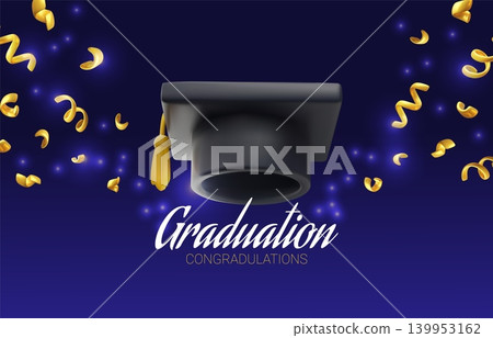 A 3D banner with a graduation cap and flying gold confetti on a dark blue, shimmering background. 139953162