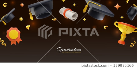3D vector banner with academic caps, a trophy, a diploma, and golden confetti on a dark background. 139953166