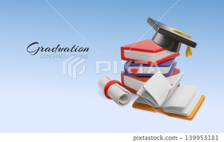 A 3D banner featuring a stack of textbooks, an academic cap, and a scroll. A 3D banner featuring a stack of textbooks, an academic cap, and a scroll. 139953181