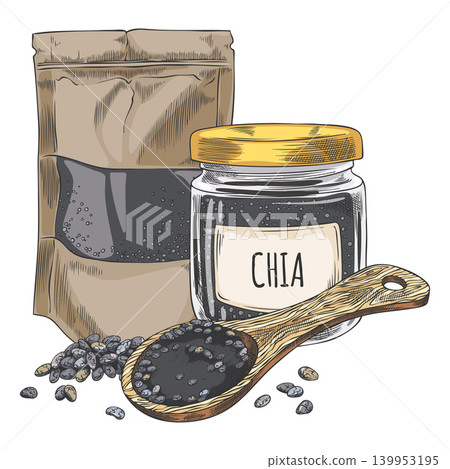 Chia plant grains and seeds in zip bag, glass jar and wooden spoon vector sketch, hand drawn superfood products Chia plant grains and seeds in zip bag, glass jar and wooden spoon vector sketch, hand drawn superfood products 139953195