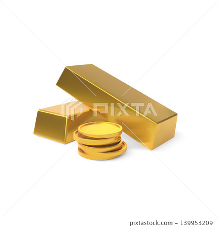 3D golden bars with coins stack, vector realistic ingot of gold bullion, banking business, currency investment, treasury 3D golden bars with coins stack, vector realistic ingot of gold bullion, banking business, currency investment, treasury 139953209