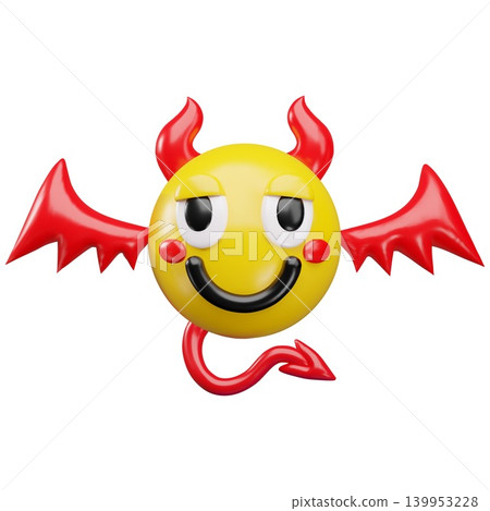 Happy emoji emoticon with red devil wings, tail and horns realistic vector 3D design, cartoon funny demon smile face Happy emoji emoticon with red devil wings, tail and horns realistic vector 3D design, cartoon funny demon smile face 139953228