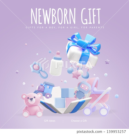 A 3D poster of an open gift box with a blue bow, children's toys, and a stroller inside. A 3D poster of an open gift box with a blue bow, children's toys, and a stroller inside. 139953257