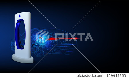 Electric car at charging station. Abstract Electric Power Charger EV Clean Energy Alternative Energy electric charger concept. Electronic vehicle power dock. Vector illustration. Electric car at charging station. Abstract Electric Power Charger EV Clean Energy Alternative Energy electric charger concept. Electronic vehicle power dock. Vector illustration. 139953263