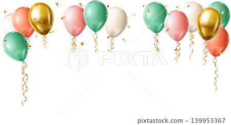 Colorful balloons and confetti floating upwards. Colorful balloons and confetti floating upwards. 139953367