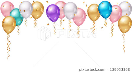 Colorful balloons and confetti floating upwards. Colorful balloons and confetti floating upwards. 139953368