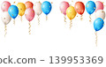 Colorful balloons with gold confetti and ribbons floating upwards. 139953369