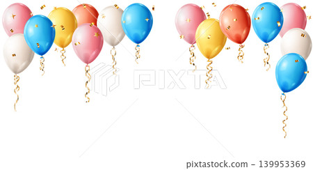 Colorful balloons with gold confetti and ribbons floating upwards. Colorful balloons with gold confetti and ribbons floating upwards. 139953369