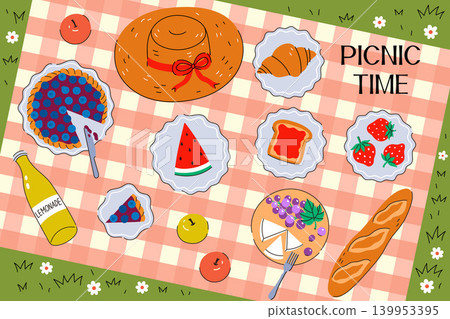 Summer illustration of a blanket and food at a summer picnic. Vector graphics. 139953395