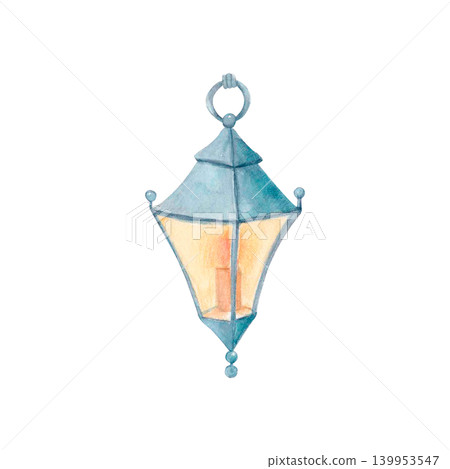 Watercolor Christmas lantern with warm glowing light isolated illustration. Hand drawn cozy winter street lamp in vintage style Watercolor Christmas lantern with warm glowing light isolated illustration. Hand drawn cozy winter street lamp in vintage style 139953547