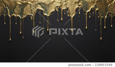 Gold ink dripping from the top of the black Japanese paper against a sayagata (swastika) background. Gold ink dripping from the top of the black Japanese paper against a sayagata (swastika) background. 139953549