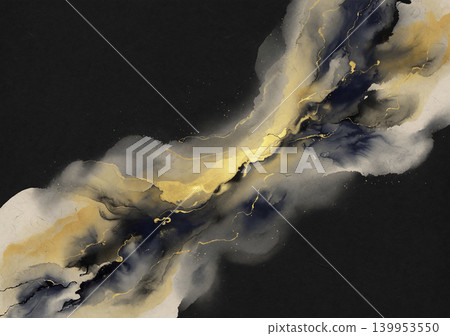 現代日式背景，黑色和紙，以抽像水彩圖案為特色，金色和墨水從左下角斜向流動。 139953550