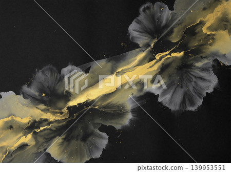 現代日式背景，黑色和紙，以抽像水彩圖案為特色，金色和墨水從左下角斜向流動。 139953551